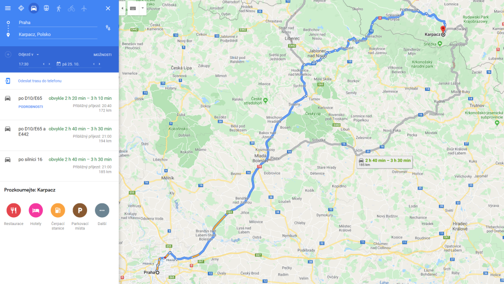 Cesta Praha - Karpacz, 3 hodiny jízdy s pauzou. (zdroj: www.google.cz/maps)