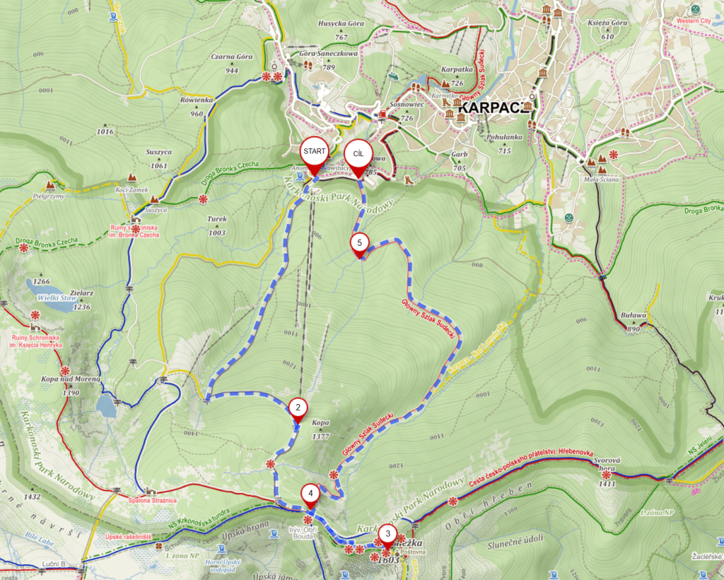 Trasa pěšího výstupu na Sněžku z polské strany.